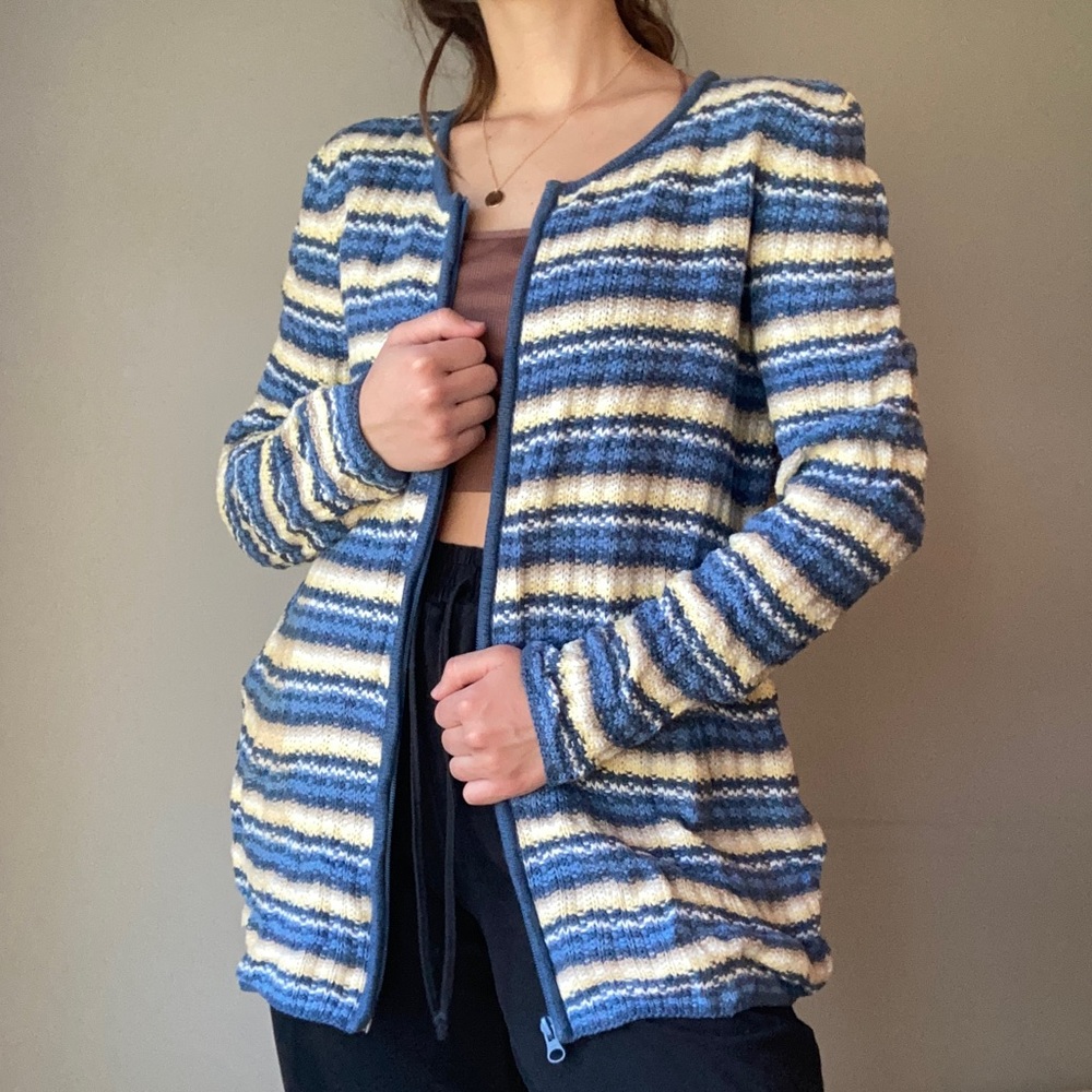 Vintage Blue + Yellow + White Striped Knit Zip Up Cardigan